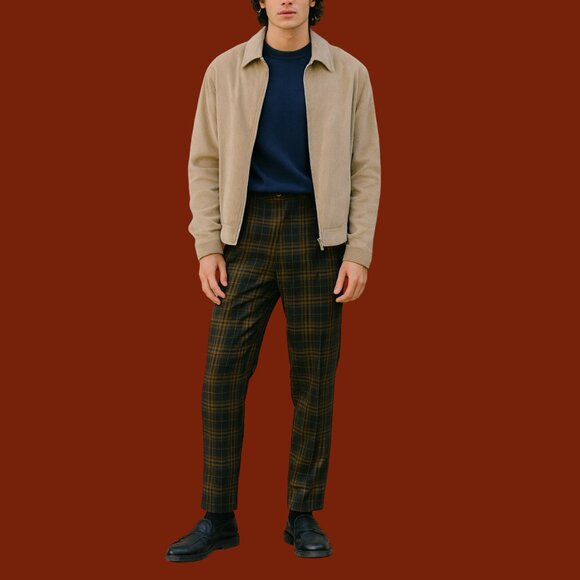 Pull&Bear Brown Plaid Slim Fit Trousers | Men’s Size EUR 44 (MEX 34) | Retro - Picture 1 of 9